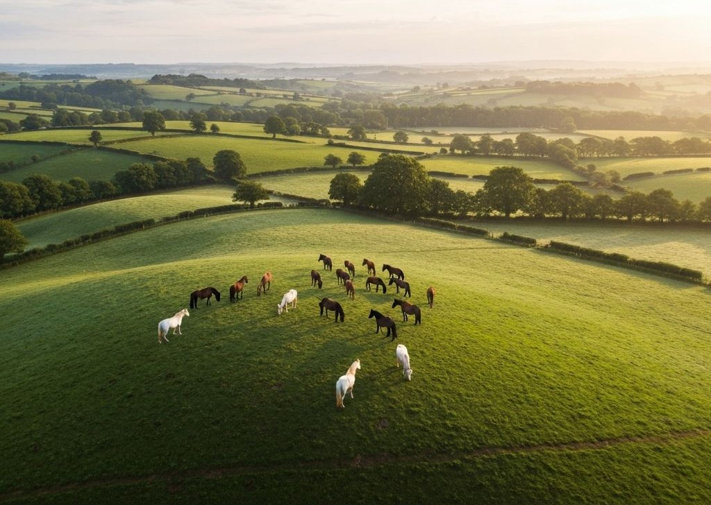 Horses grazing on rolling countryside hills
